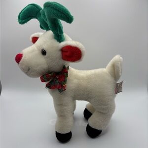 GUND 1992 Christmas Plush Reindeer White W/red Nose Green Antlers Stuffed Animal